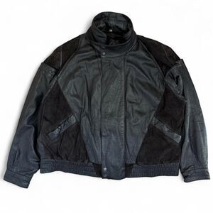 Vintage Black Leather Bomber Jacket with Suede Inset Size Large